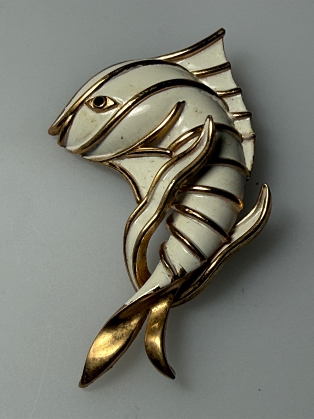 White and Gold Enamel Fish Pin Brooch - Elegant Nautical Accent